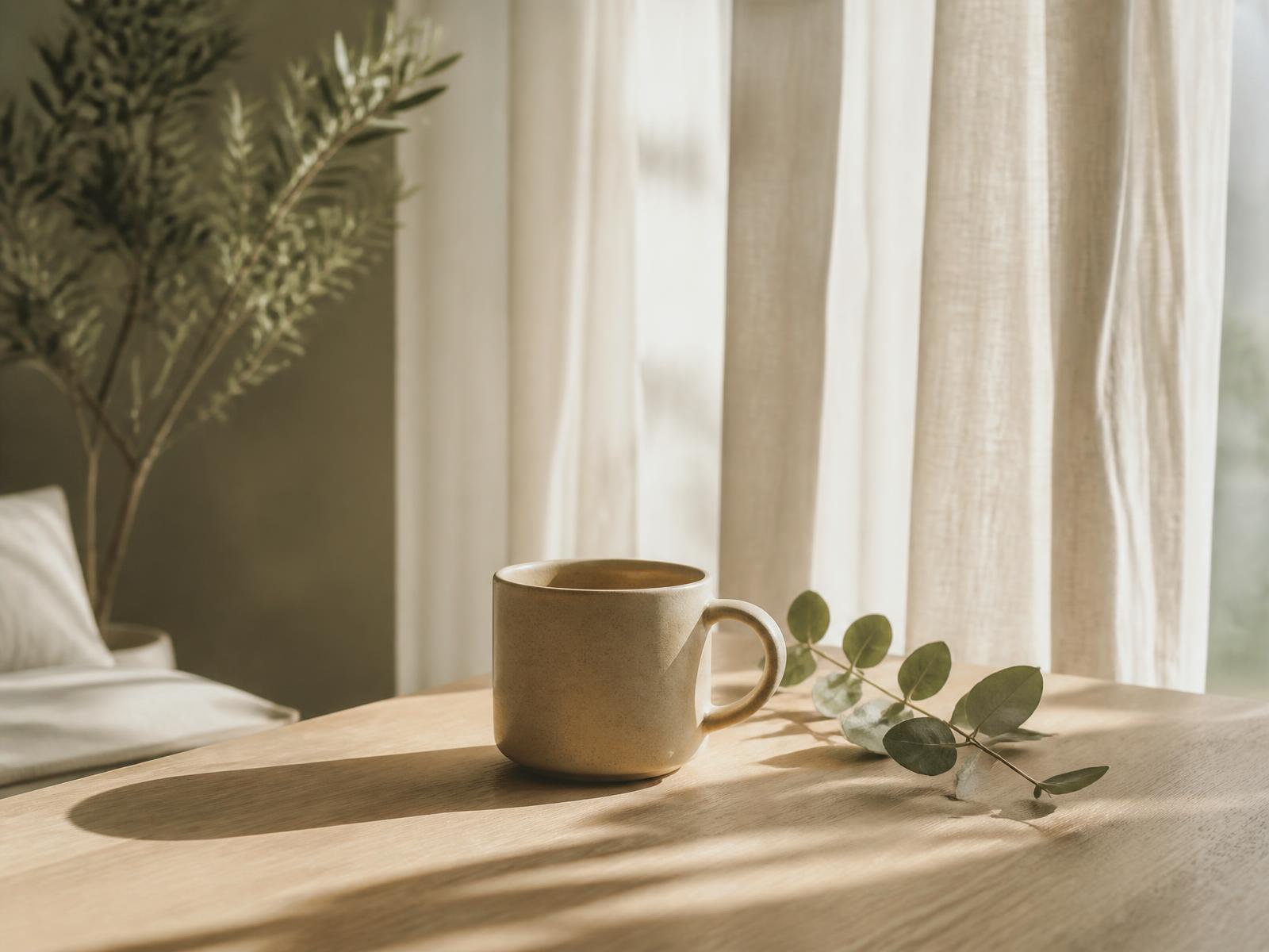 A quiet sunlit table with a warm ceramic mug and a sprig of eucalyptus