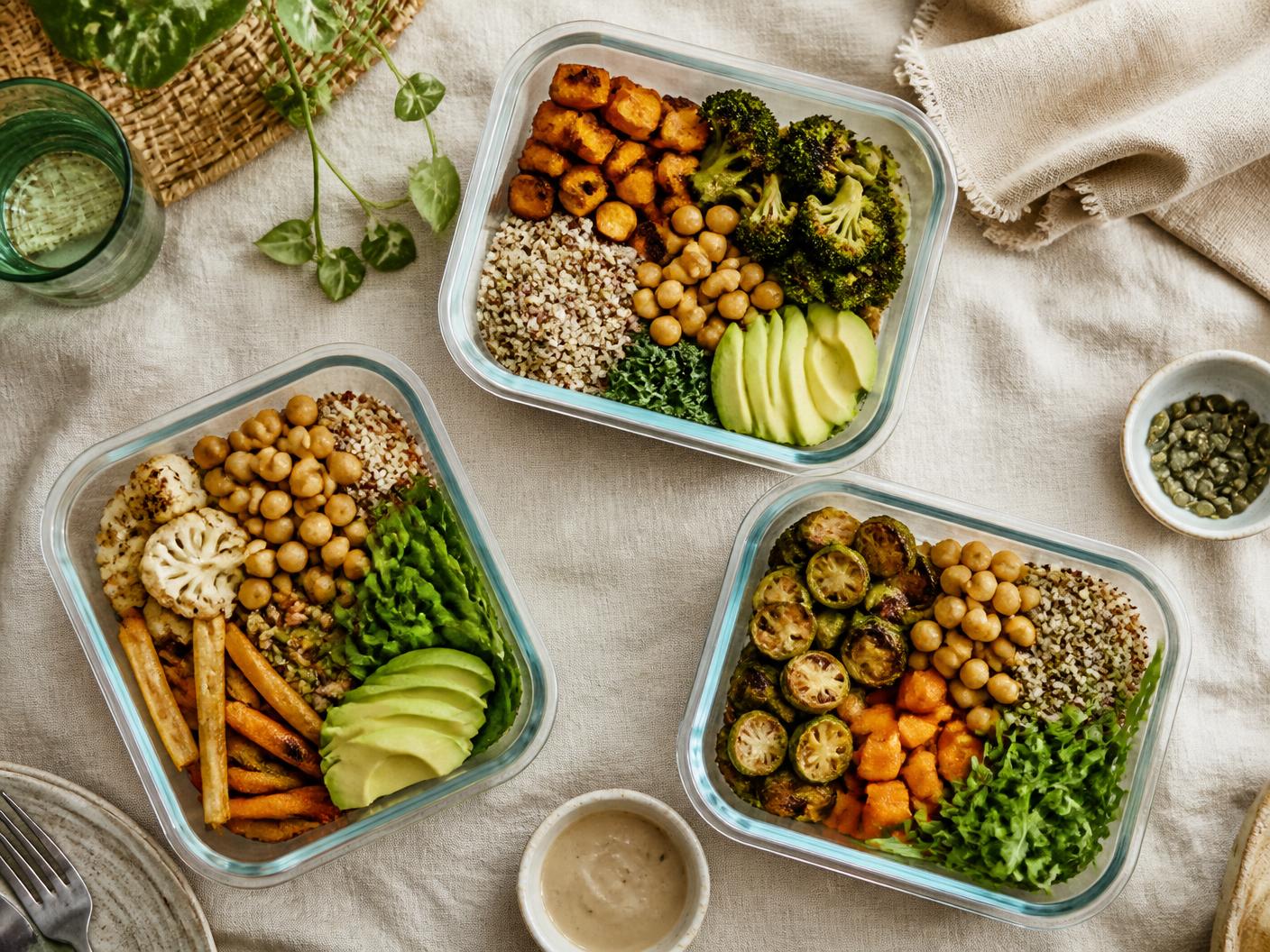 Freshly prepared whole-food meals in glass containers on a linen surface