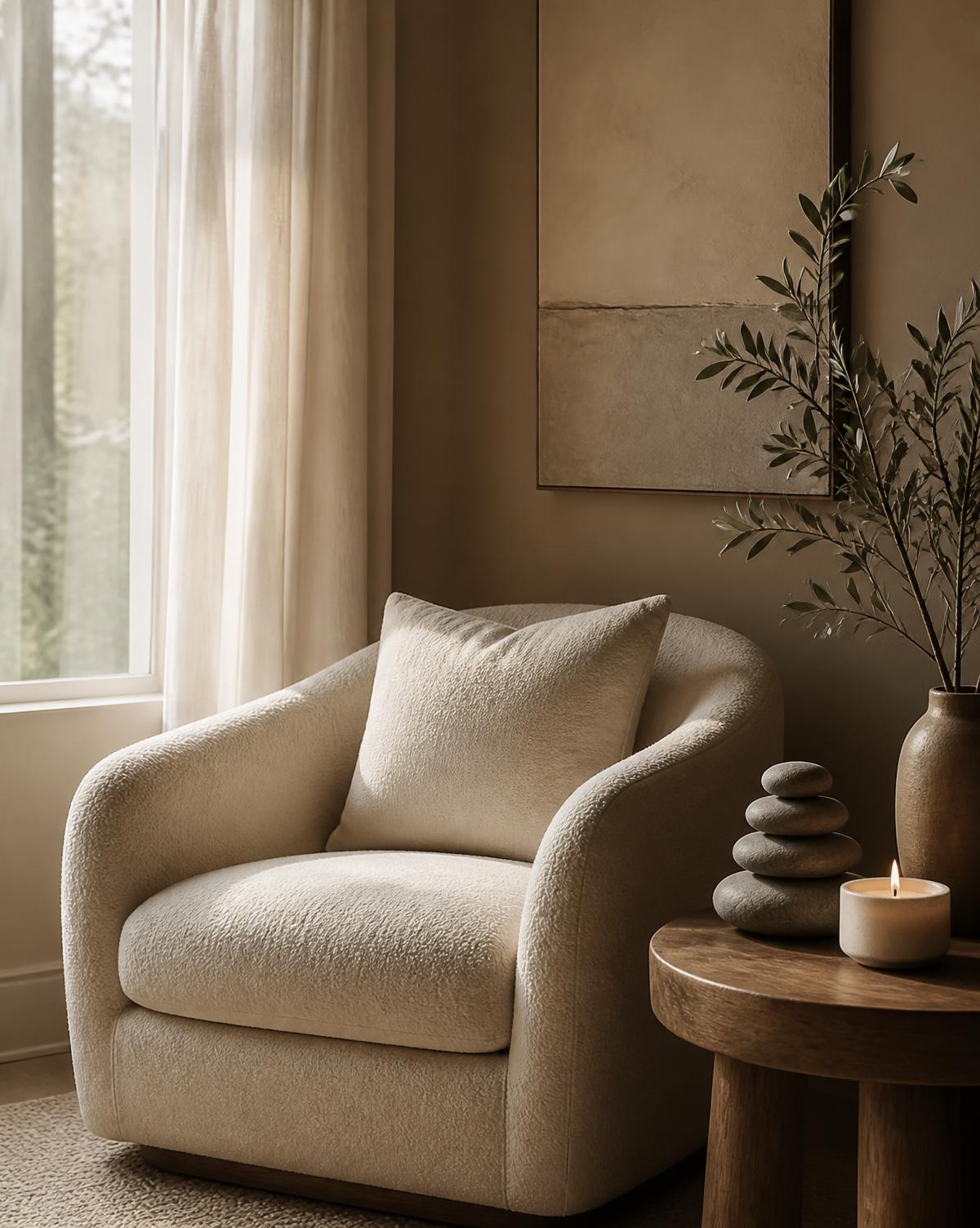 A soft cream armchair beside a sunlit window with stacked stones and a candle